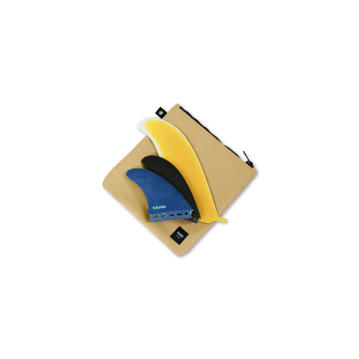 Three surf fins (yellow, blue, black) on a beige carrying case with 'futures' branding.
