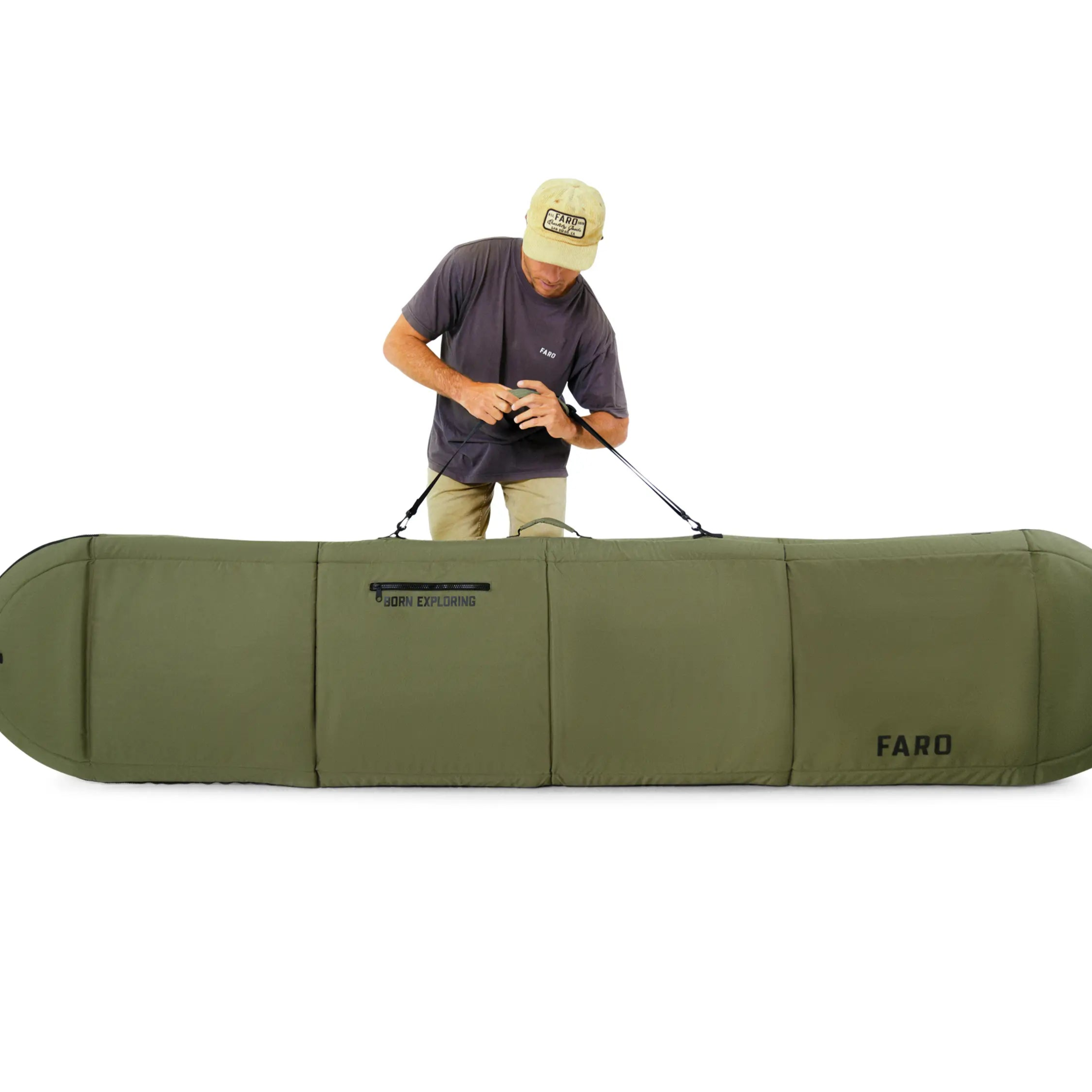 Person setting up surfboard bag on a floor with 'FARO' branding.