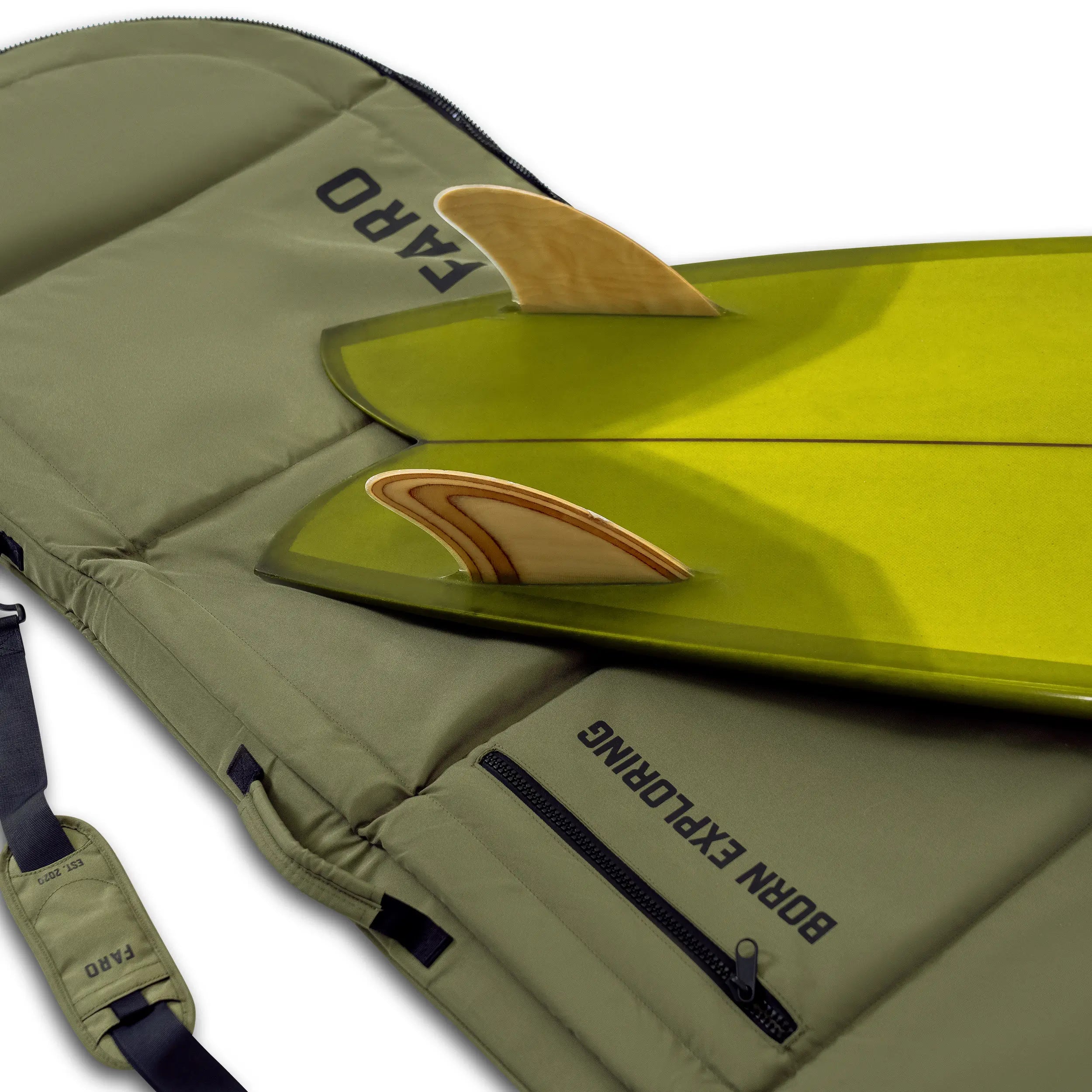Green surfboard bag with a green surfboard inside on a white background