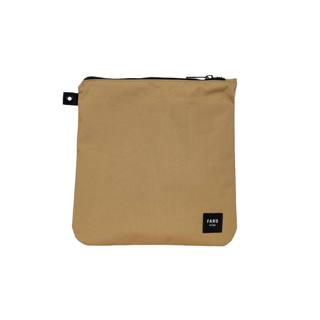 A tan-colored surfboard fin wallet with a zipper closure and a small black FARO logo on the lower right corner.