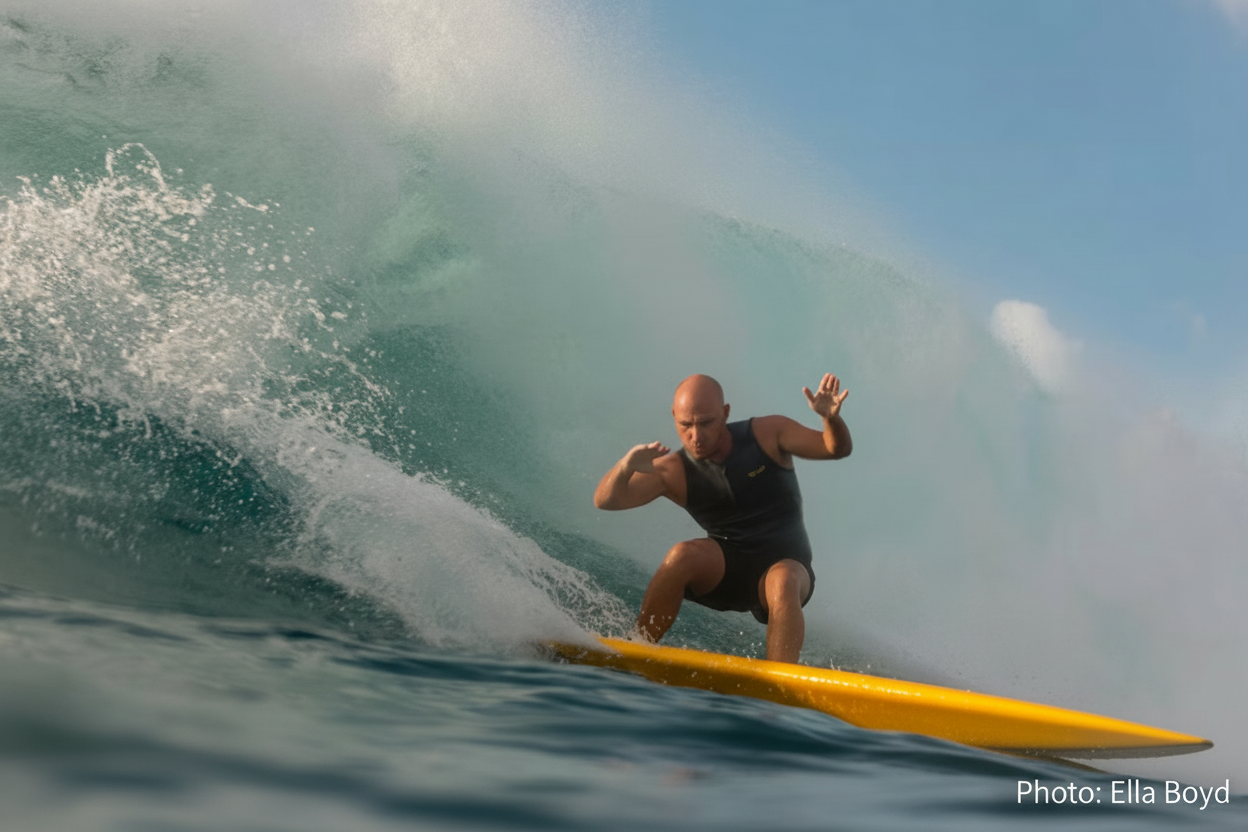 Person surfing on a large wave with clear blue sky